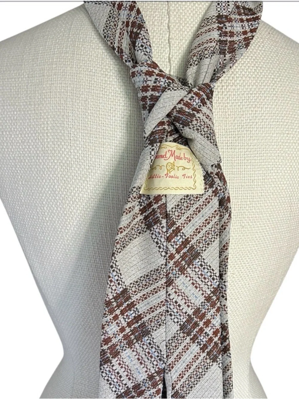 Vintage 70s Plaid Necktie Wide Brown Cream Blue Woven Grandpa Core Office Siren